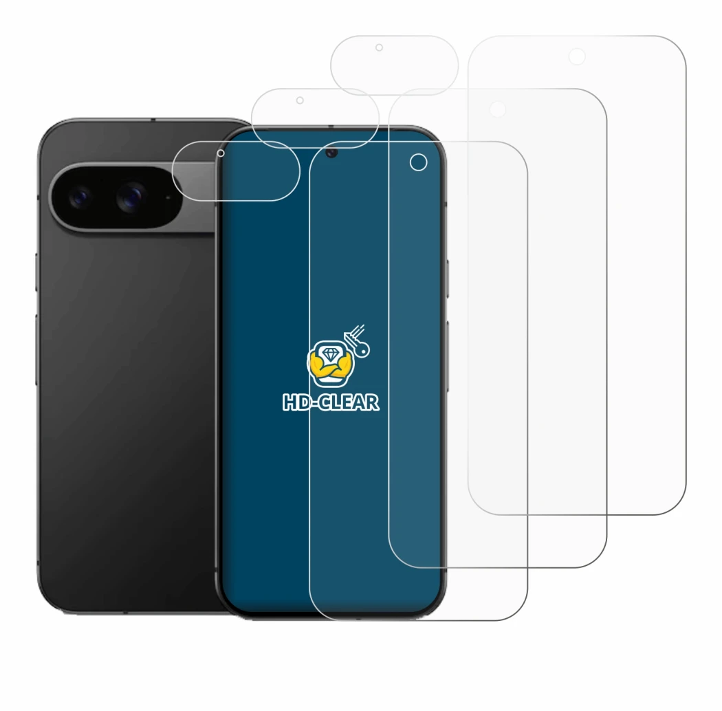 Immagine del dispositivo Google Pixel 9 (Fronte+Fotocamera) con un'ampia varietà di protezioni per lo schermo.