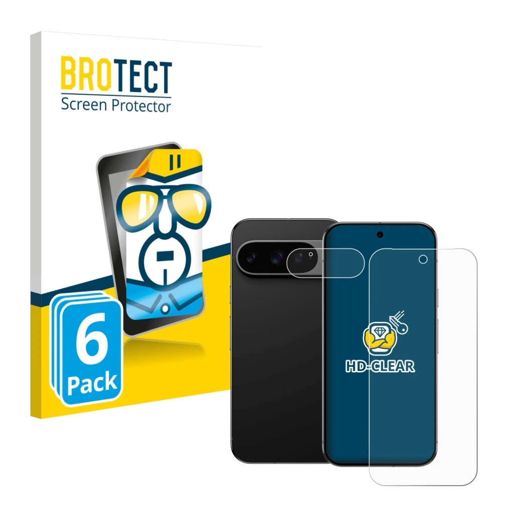 Parte frontale di una confezione del prodotto con il logo del marchio BROTECT. Accanto è raffigurato il dispositivo Google Pix