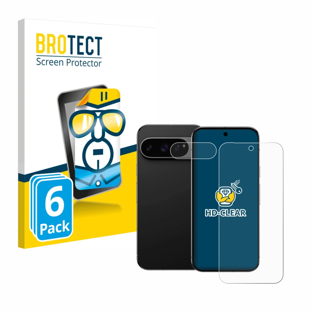 Parte frontale di una confezione del prodotto con il logo del marchio BROTECT. Accanto è raffigurato il dispositivo Google Pix