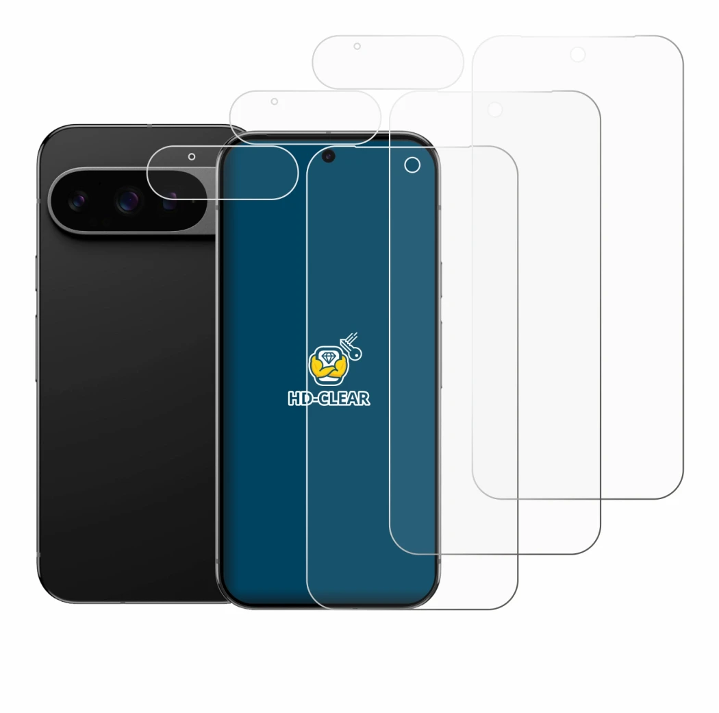 Immagine del dispositivo Google Pixel 9 Pro XL (Fronte+Fotocamera) con un'ampia varietà di protezioni per lo schermo.