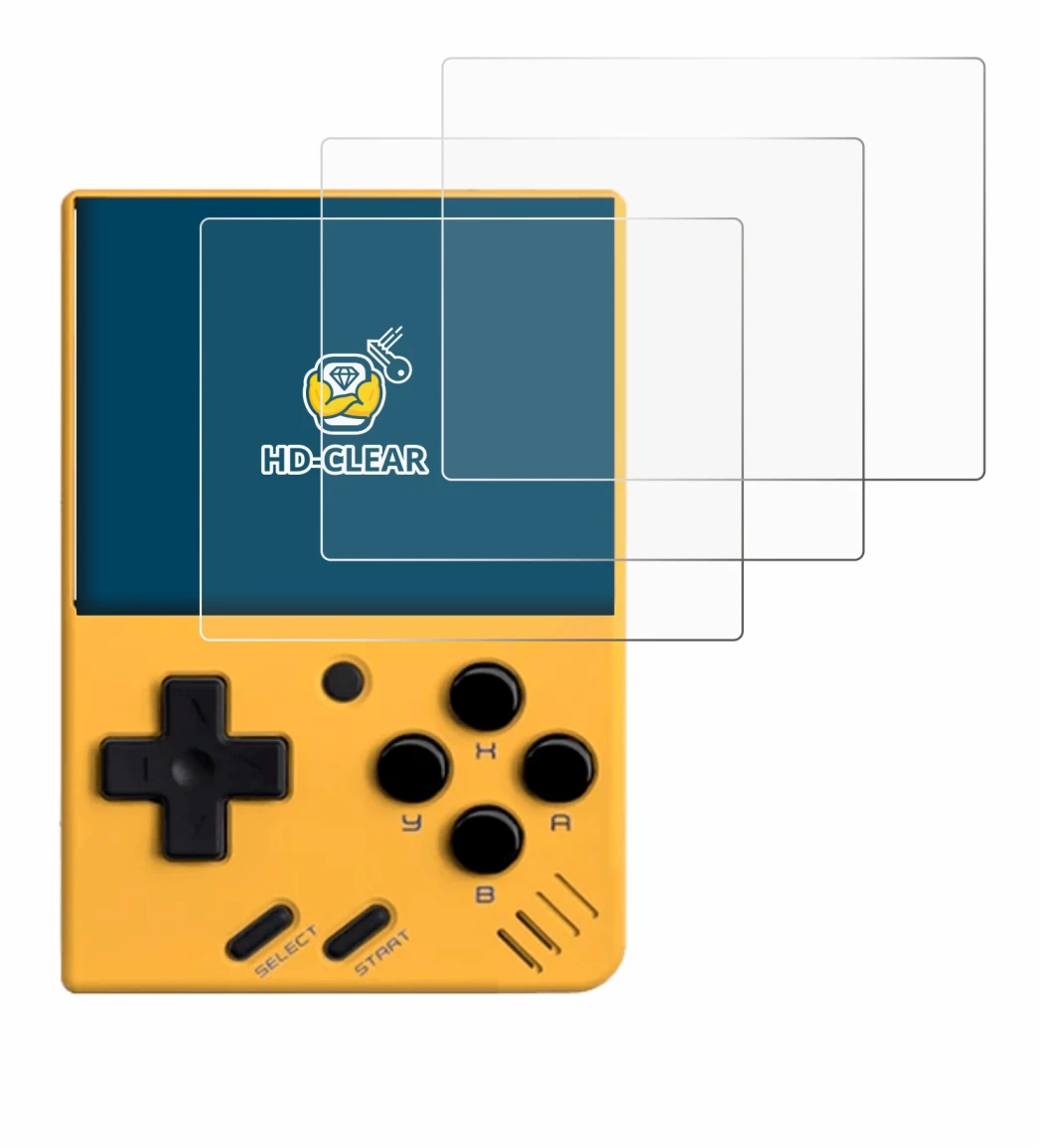 Immagine del dispositivo Miyoo Mini V4 con un'ampia varietà di protezioni per lo schermo.