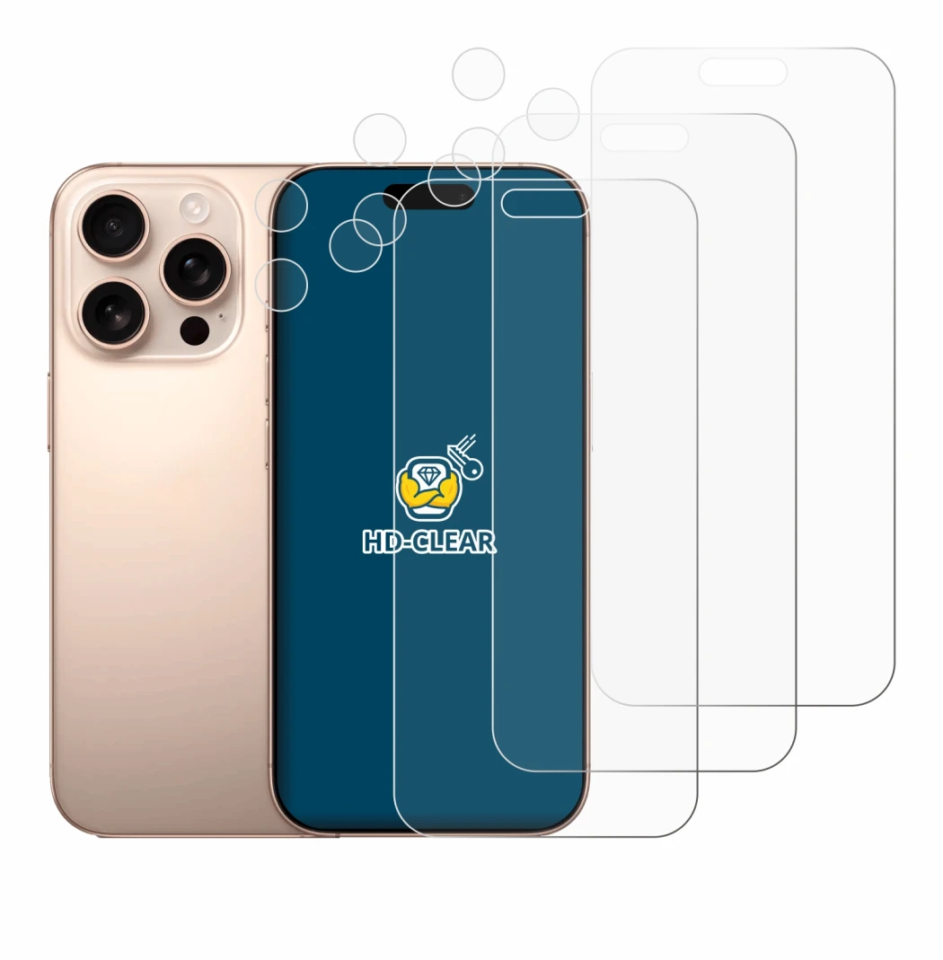 Immagine del dispositivo Apple iPhone 16 Pro Max (Fronte+Fotocamera) con un'ampia varietà di protezioni per lo schermo.