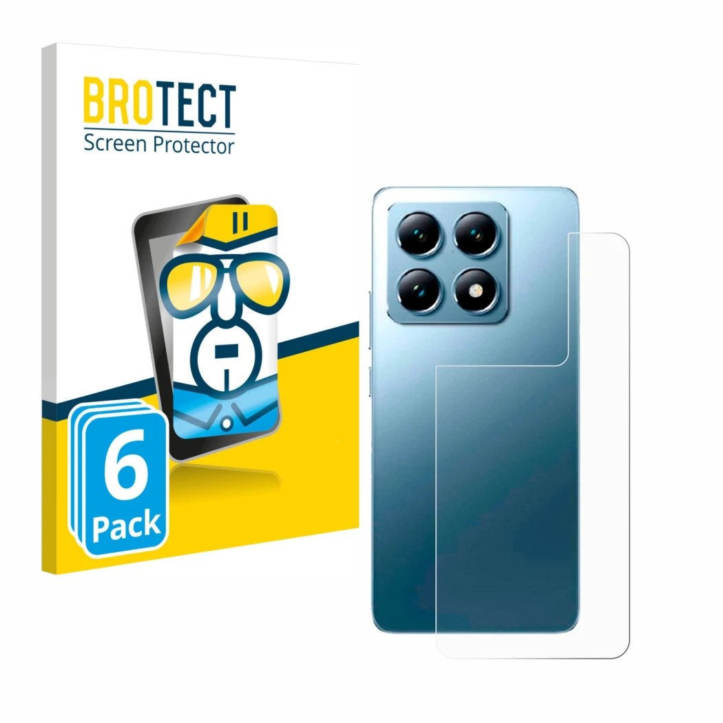 Parte frontale di una confezione del prodotto con il logo del marchio BROTECT. Accanto è raffigurato il dispositivo Xiaomi 14T