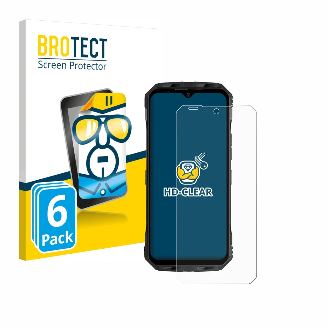 Parte frontale di una confezione del prodotto con il logo del marchio BROTECT. Accanto è raffigurato il dispositivo Doogee V M