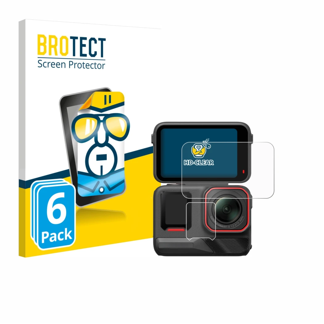 Parte frontale di una confezione del prodotto con il logo del marchio BROTECT. Accanto è raffigurato il dispositivo Insta360 A