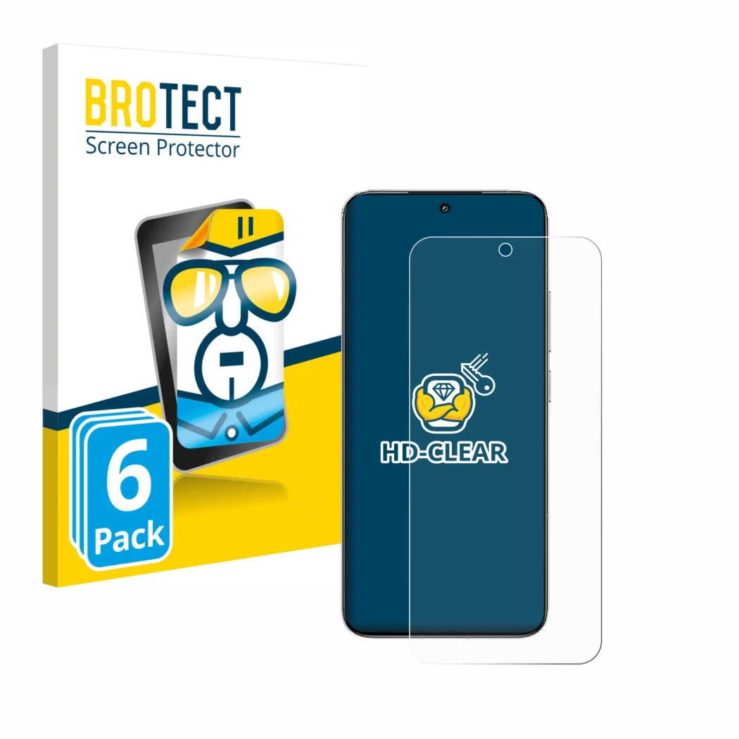 Parte frontale di una confezione del prodotto con il logo del marchio BROTECT. Accanto è raffigurato il dispositivo Xiaomi 15 