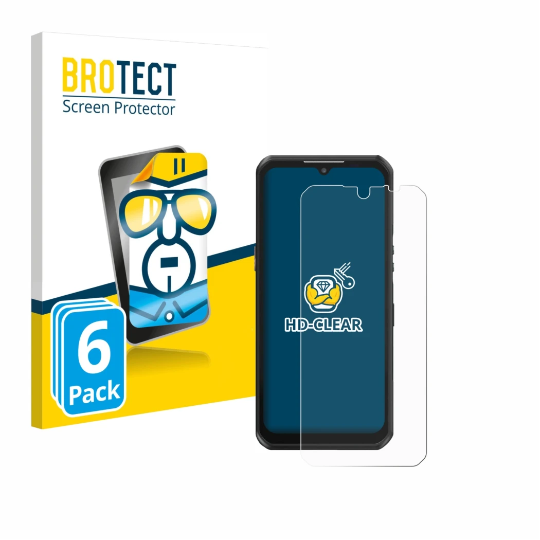 Parte frontale di una confezione del prodotto con il logo del marchio BROTECT. Accanto è raffigurato il dispositivo Oukitel WP