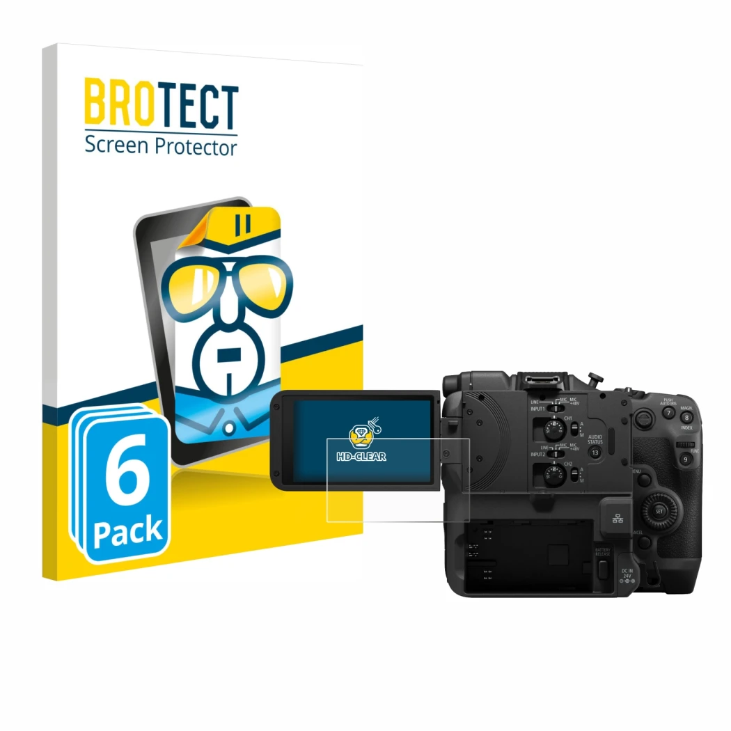 Parte frontale di una confezione del prodotto con il logo del marchio BROTECT. Accanto è raffigurato il dispositivo Canon EOS