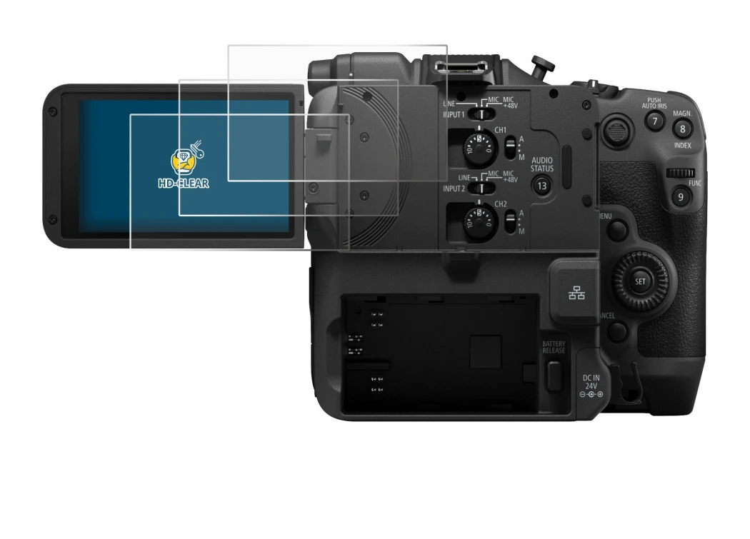 Immagine del dispositivo Canon EOS C400 con un'ampia varietà di protezioni per lo schermo.