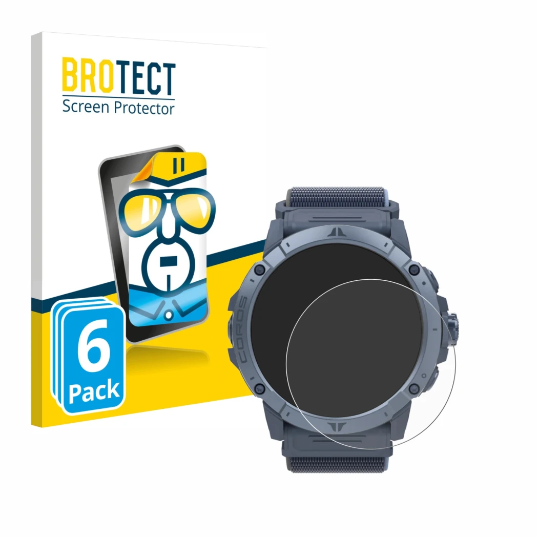 Parte frontale di una confezione del prodotto con il logo del marchio BROTECT. Accanto è raffigurato il dispositivo Coros Vert