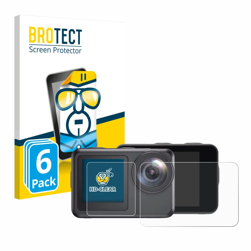 Parte frontale di una confezione del prodotto con il logo del marchio BROTECT. Accanto è raffigurato il dispositivo Akaso Brav