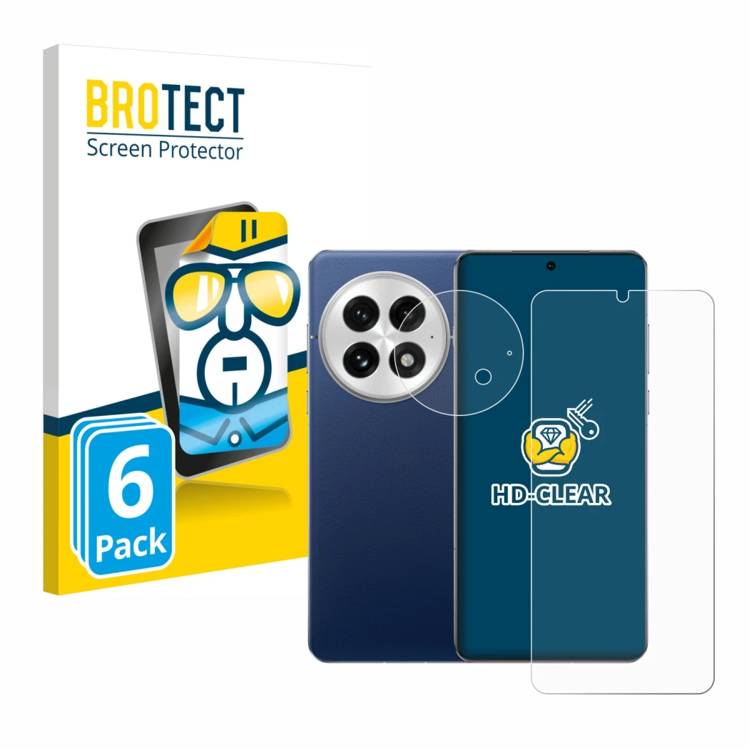 Parte frontale di una confezione del prodotto con il logo del marchio BROTECT. Accanto è raffigurato il dispositivo OnePlus 13