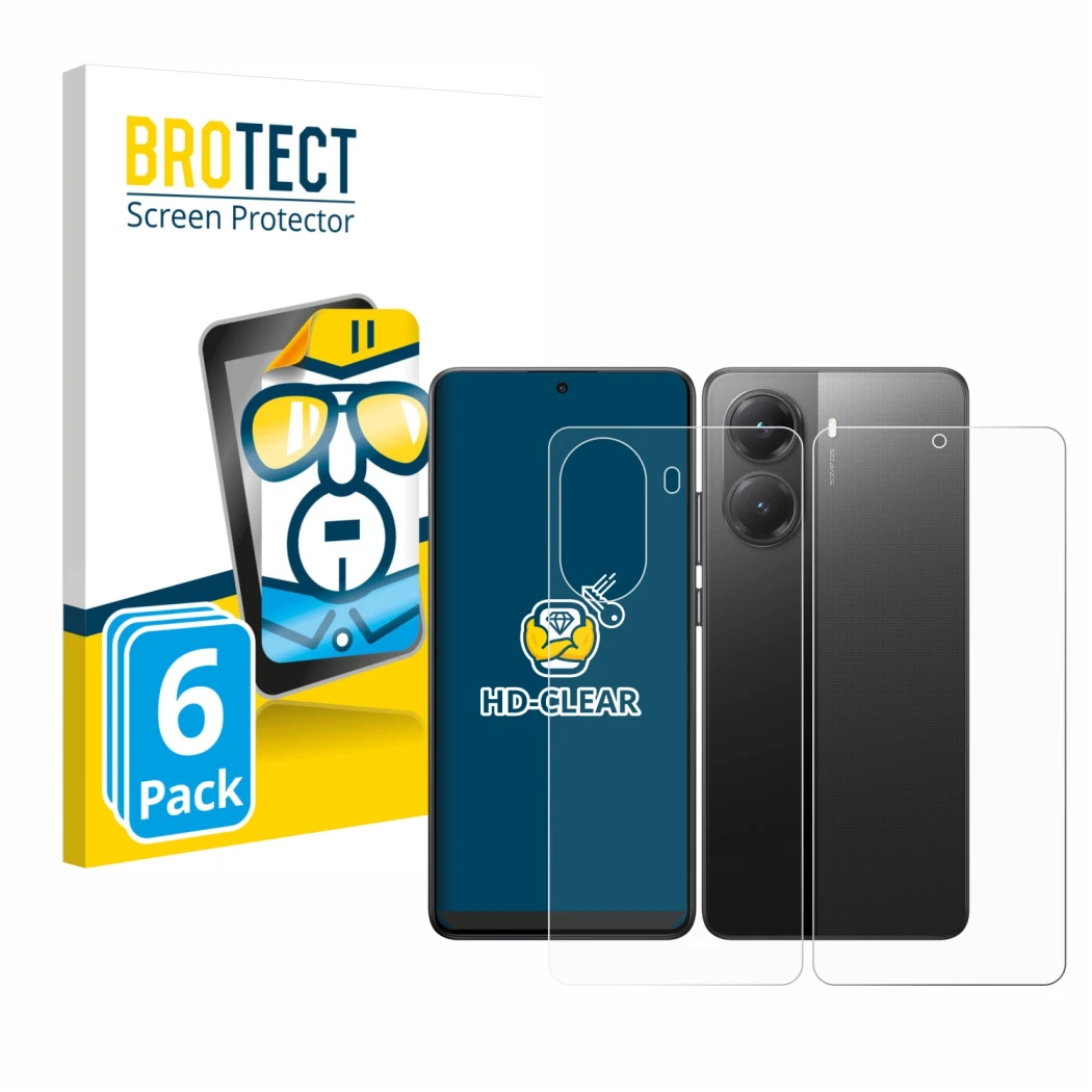 Parte frontale di una confezione del prodotto con il logo del marchio BROTECT. Accanto è raffigurato il dispositivo Xiaomi Poc