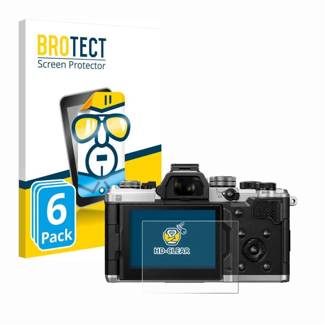 Parte frontale di una confezione del prodotto con il logo del marchio BROTECT. Accanto è raffigurato il dispositivo OM System