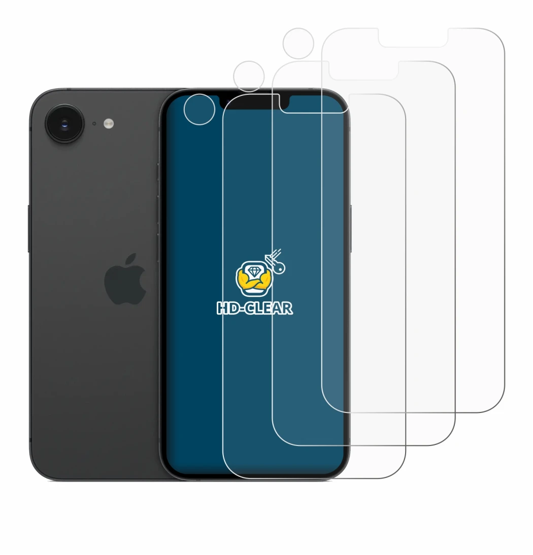 Immagine del dispositivo Apple iPhone 16e (Fronte+Fotocamera) con un'ampia varietà di protezioni per lo schermo.
