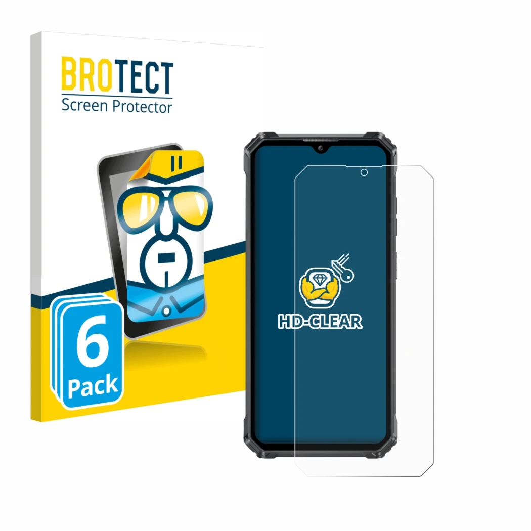 Parte frontale di una confezione del prodotto con il logo del marchio BROTECT. Accanto è raffigurato il dispositivo Oukitel G1