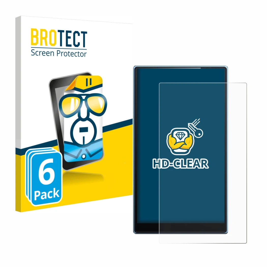 Parte frontale di una confezione del prodotto con il logo del marchio BROTECT. Accanto è raffigurato il dispositivo FiiO JM21