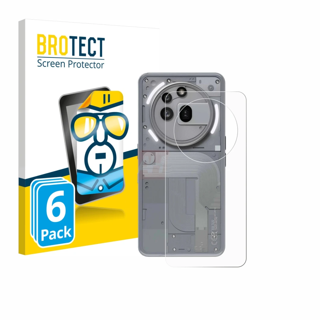 Parte frontale di una confezione del prodotto con il logo del marchio BROTECT. Accanto è raffigurato il dispositivo Nothing Ph