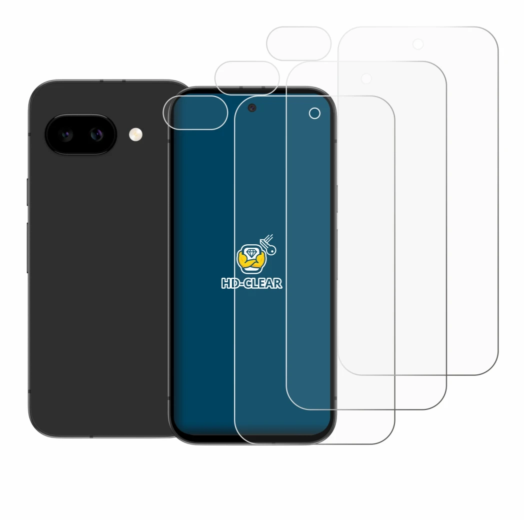 Immagine del dispositivo Google Pixel 9a (Fronte+Fotocamera) con un'ampia varietà di protezioni per lo schermo.