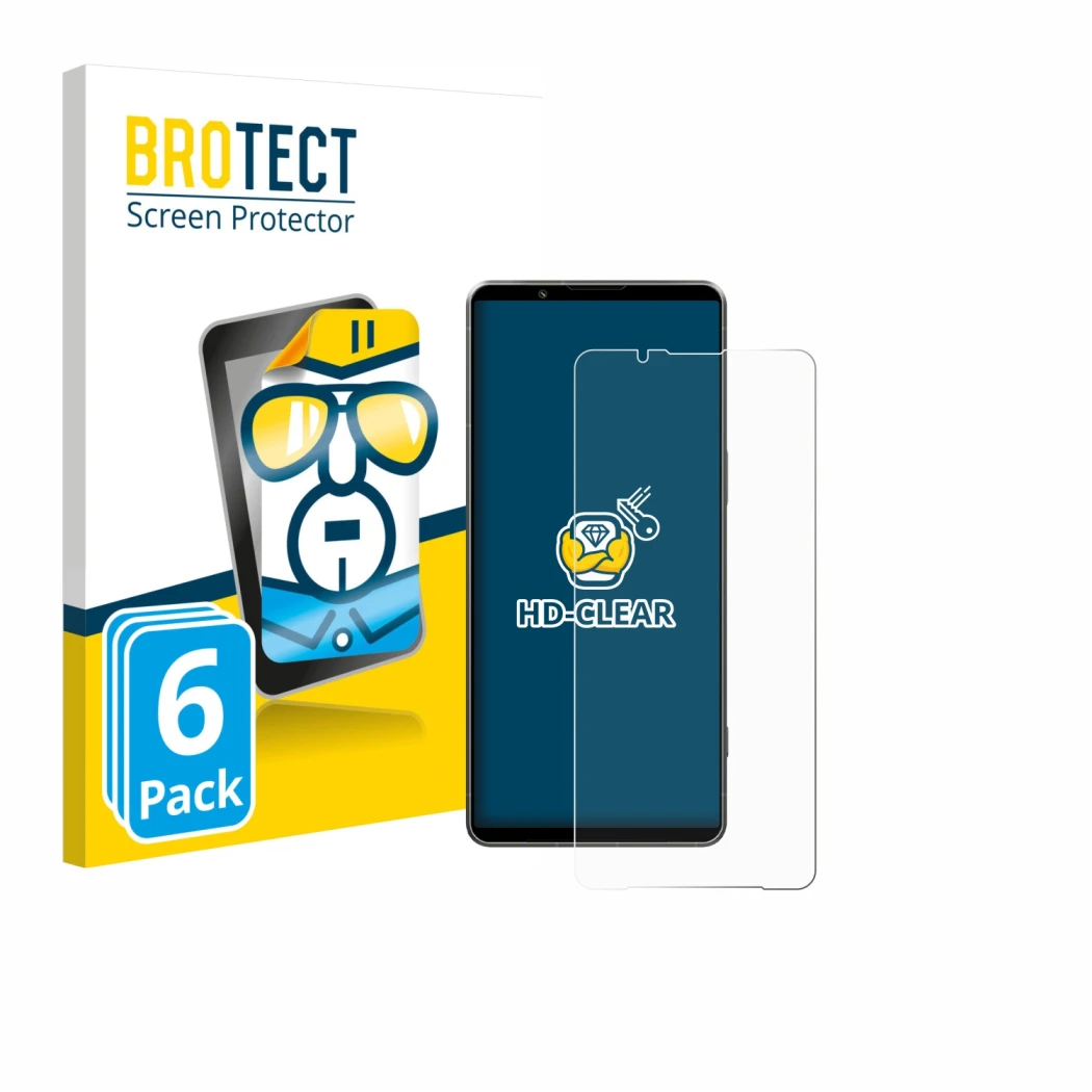 Parte frontale di una confezione del prodotto con il logo del marchio BROTECT. Accanto è raffigurato il dispositivo Sony Xperi