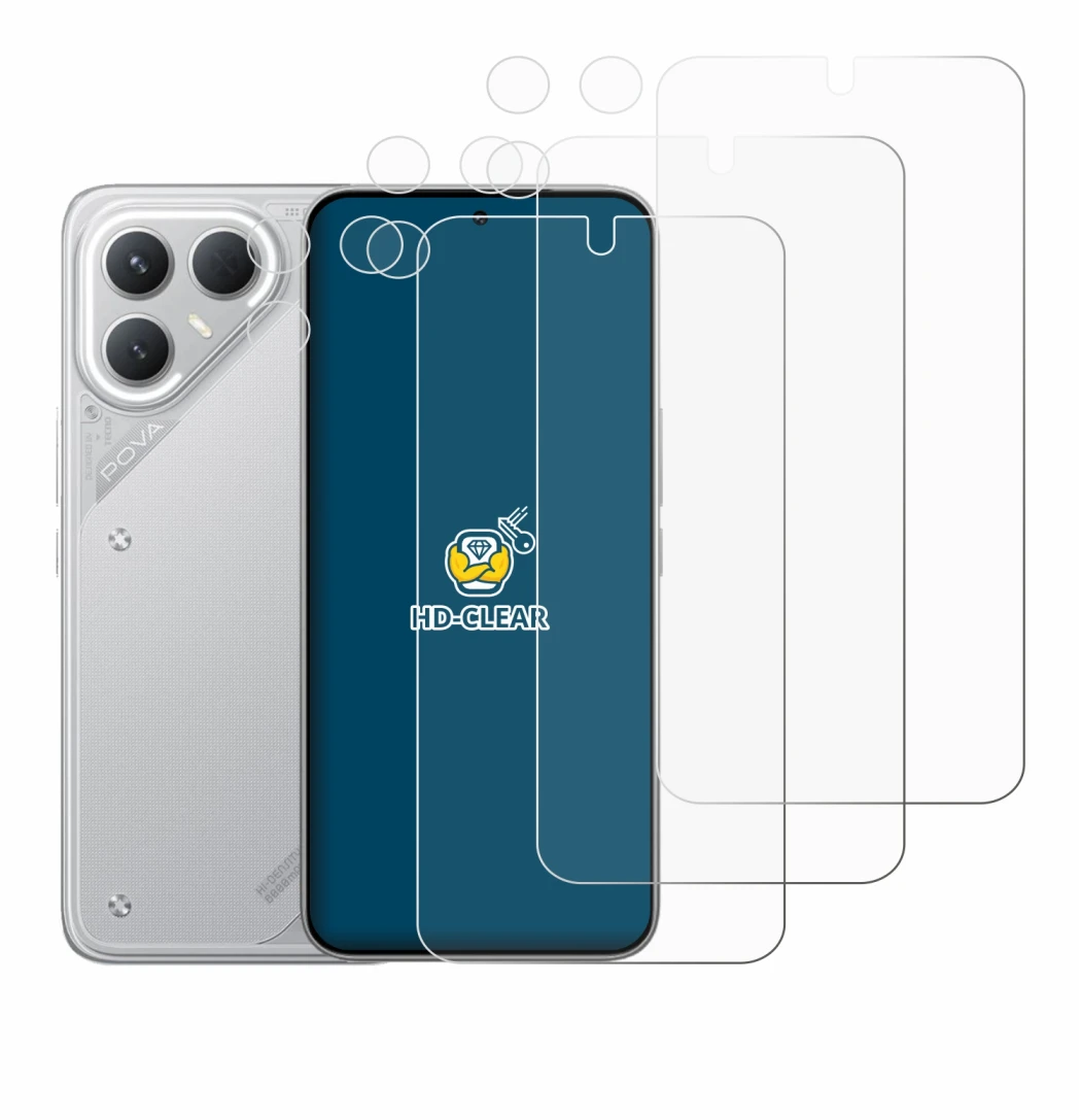Immagine del dispositivo Tecno Pova 7 Pro (Fronte+Fotocamera) con un'ampia varietà di protezioni per lo schermo.