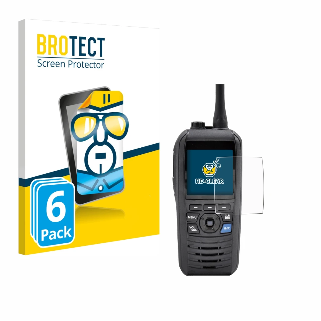 Parte frontale di una confezione del prodotto con il logo del marchio BROTECT. Accanto è raffigurato il dispositivo Icom IC-M9