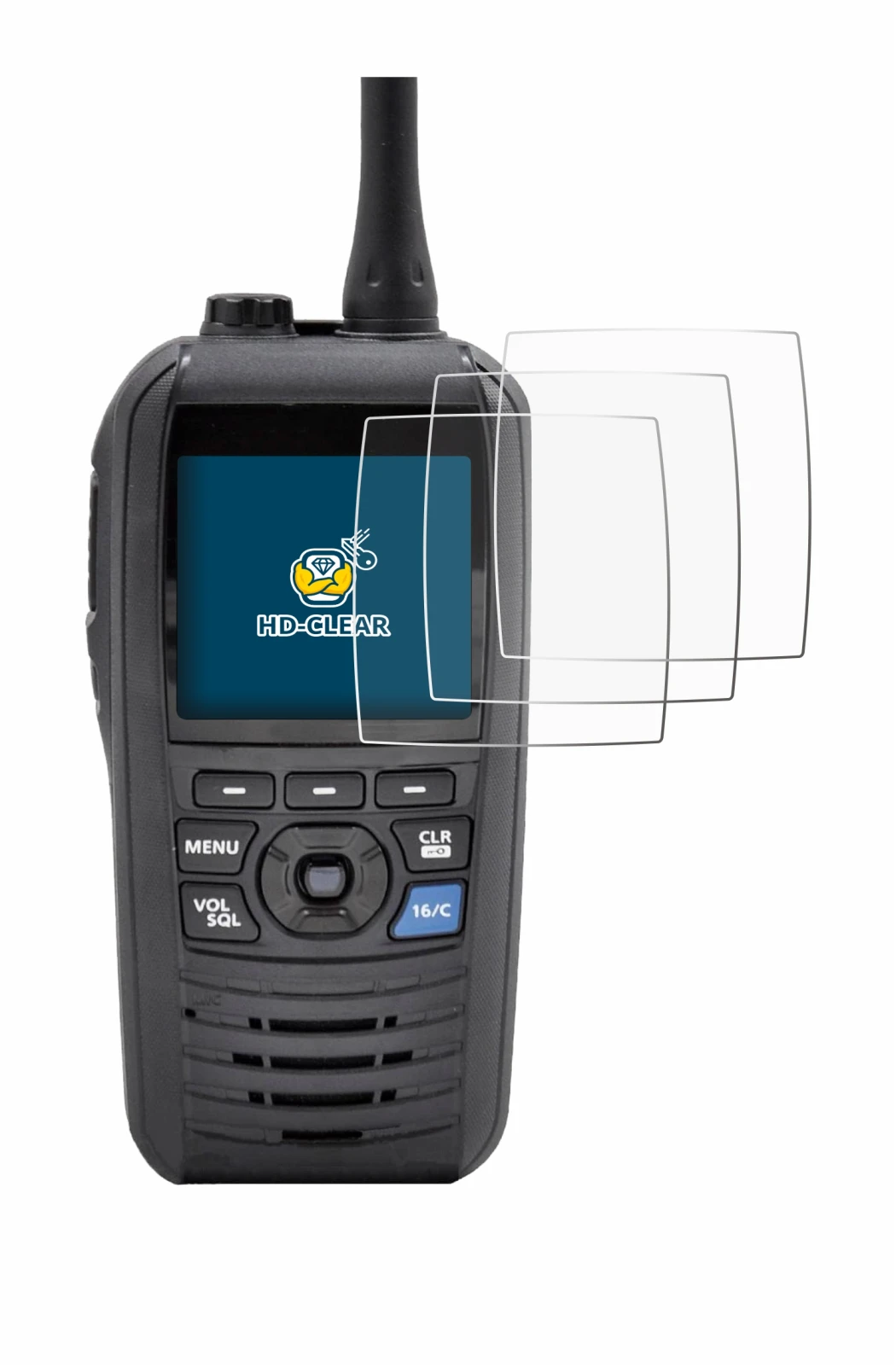 Immagine del dispositivo Icom IC-M94D con un'ampia varietà di protezioni per lo schermo.
