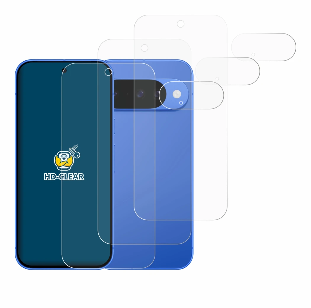 Immagine del dispositivo Google Pixel 10 (Fronte+Fotocamera) con un'ampia varietà di protezioni per lo schermo.