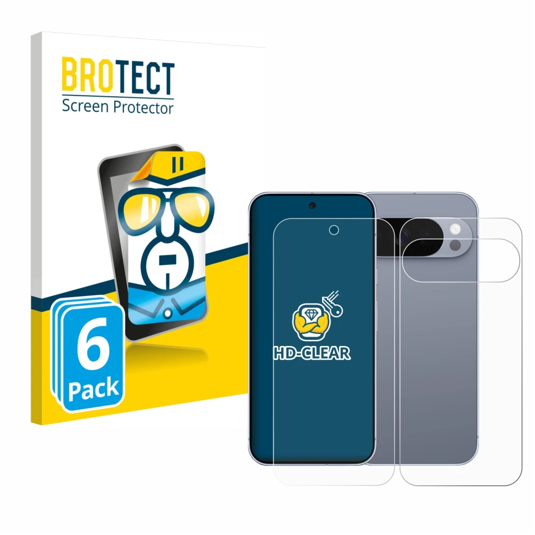 Parte frontale di una confezione del prodotto con il logo del marchio BROTECT. Accanto è raffigurato il dispositivo Google Pix