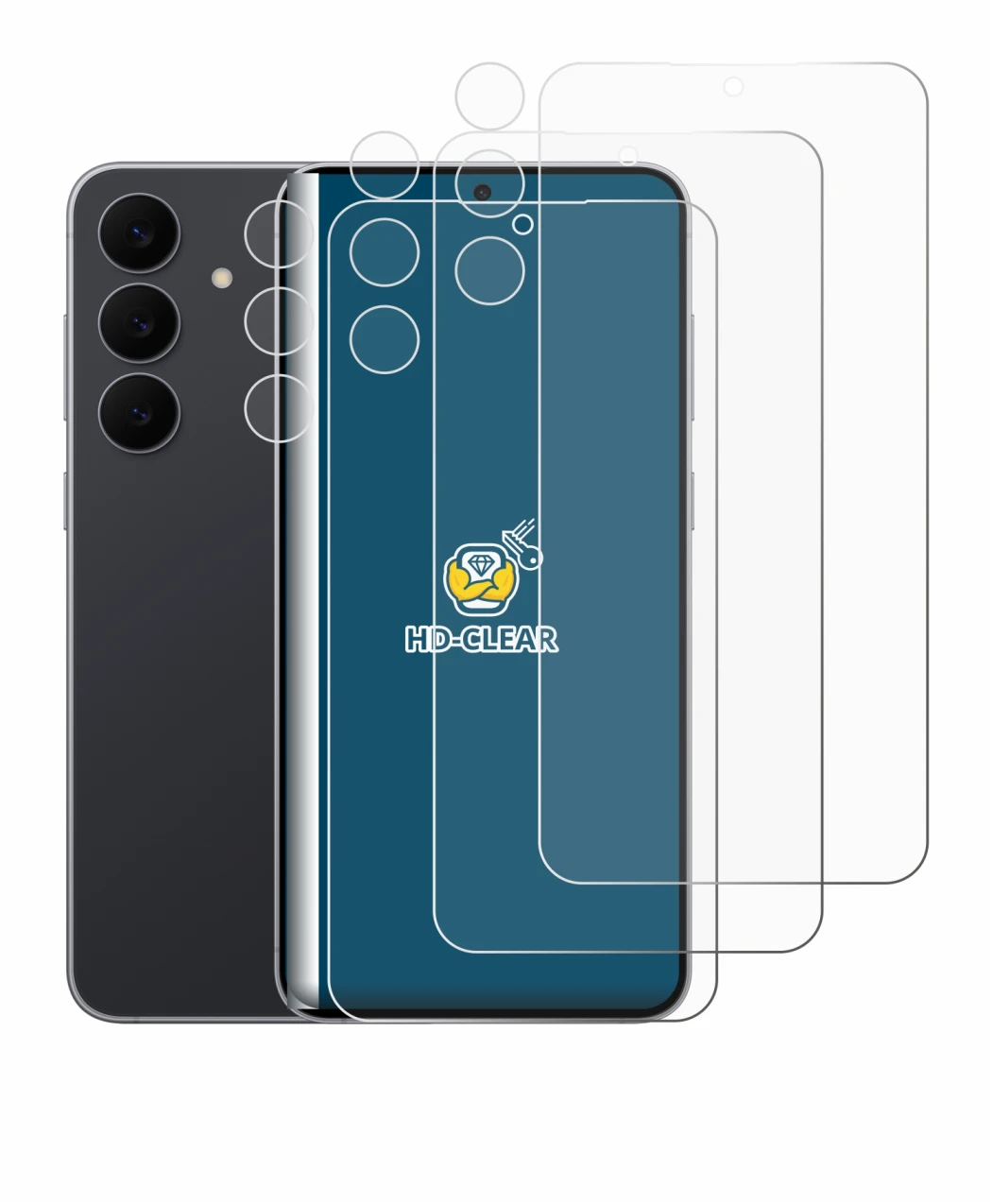 Immagine del dispositivo Samsung Galaxy S25 FE (Fronte+Fotocamera) con un'ampia varietà di protezioni per lo schermo.