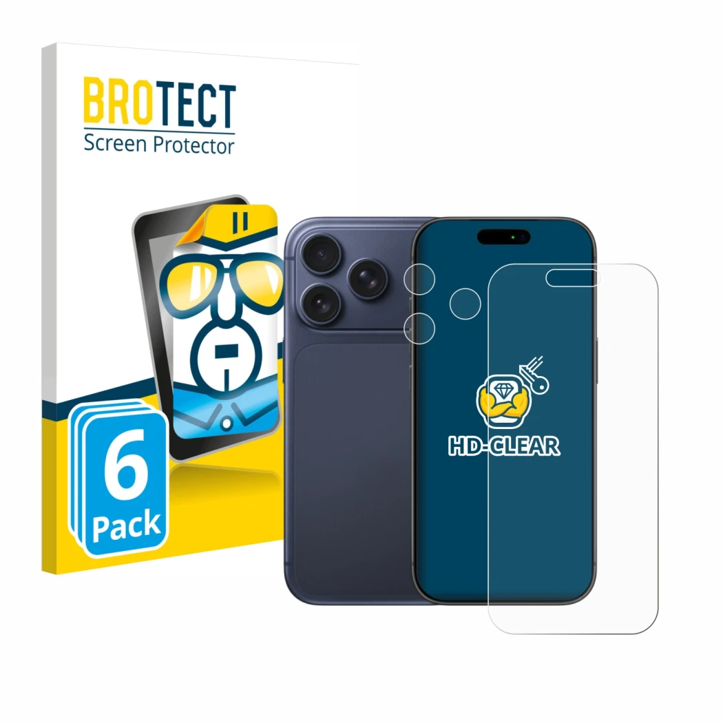 Parte frontale di una confezione del prodotto con il logo del marchio BROTECT. Accanto è raffigurato il dispositivo Apple iPho