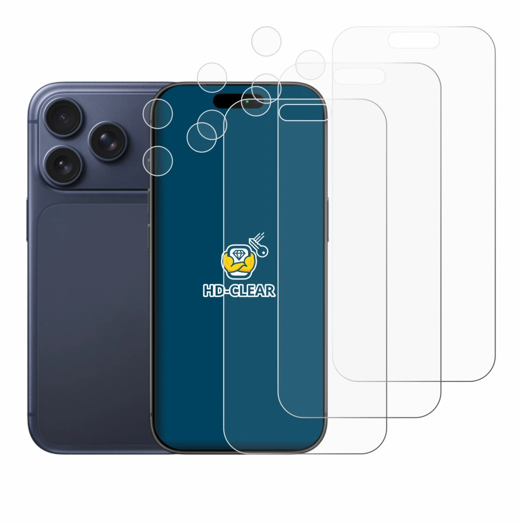 Immagine del dispositivo Apple iPhone 17 Pro (Fronte+Fotocamera) con un'ampia varietà di protezioni per lo schermo.