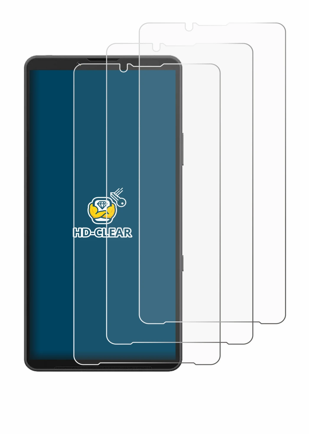 Immagine del dispositivo Sony Xperia 10 VII con un'ampia varietà di protezioni per lo schermo.