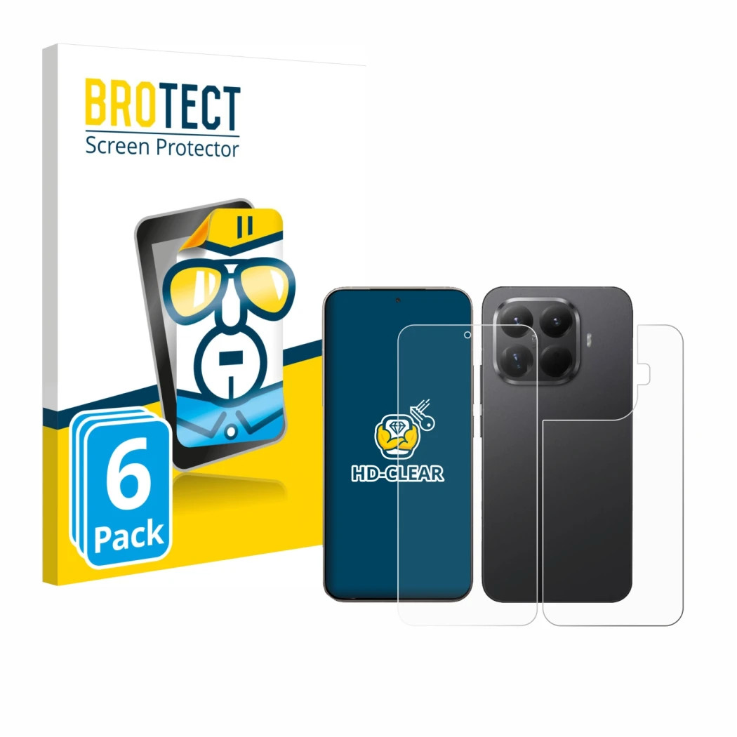 Parte frontale di una confezione del prodotto con il logo del marchio BROTECT. Accanto è raffigurato il dispositivo Xiaomi 15T