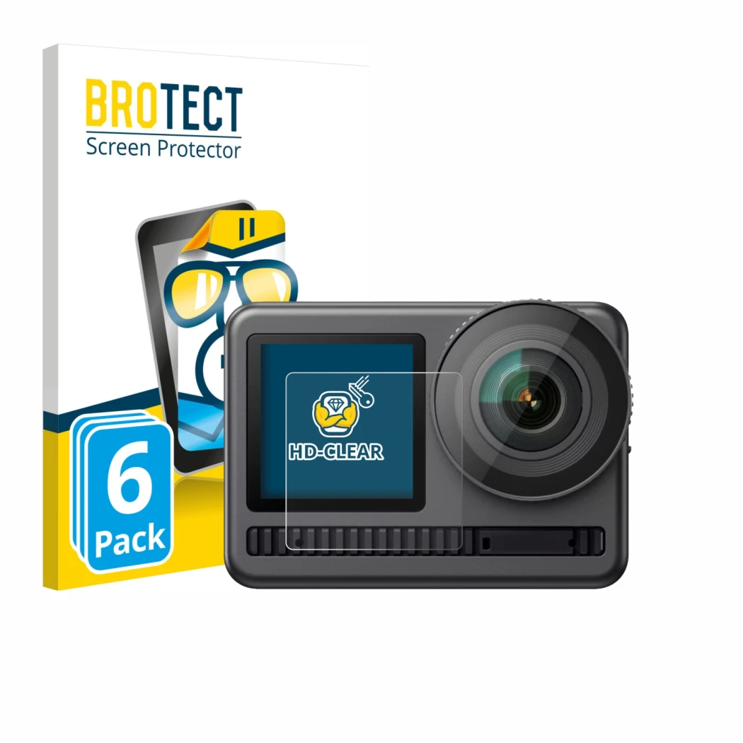 Parte frontale di una confezione del prodotto con il logo del marchio BROTECT. Accanto è raffigurato il dispositivo Akaso Brav