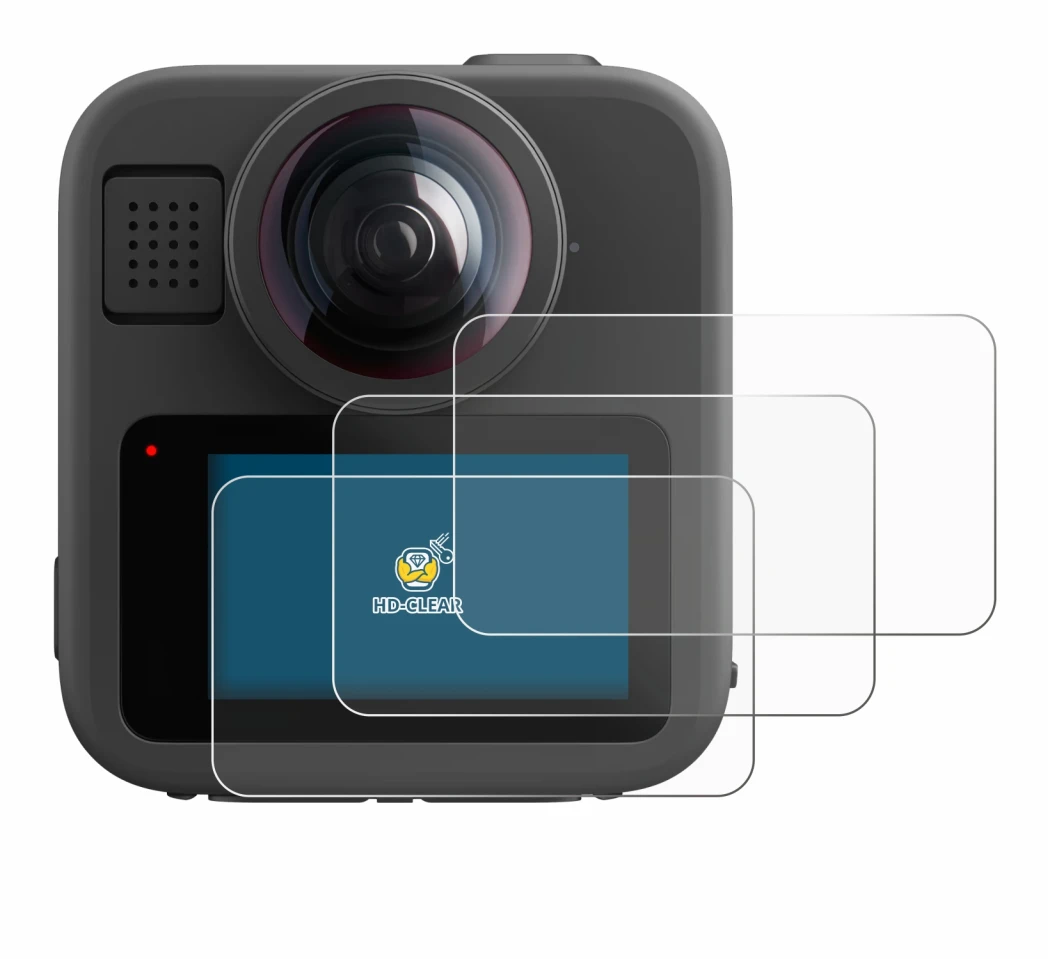 Immagine del dispositivo GoPro Max 2 con un'ampia varietà di protezioni per lo schermo.