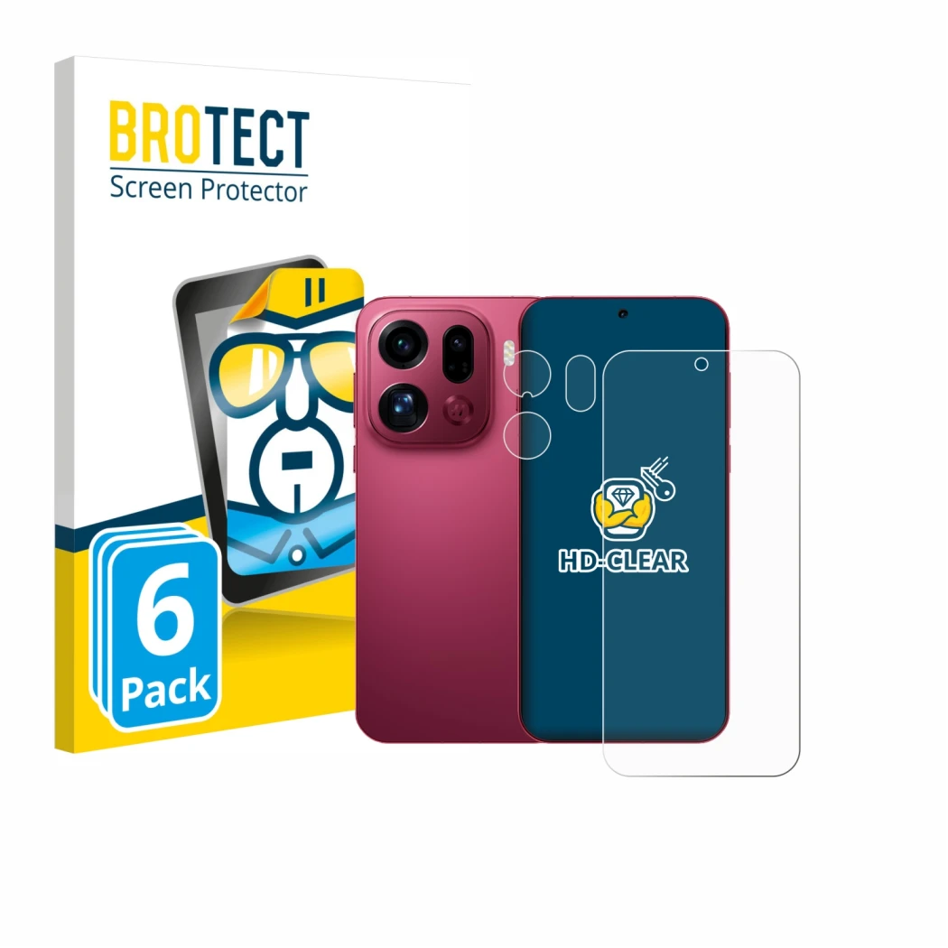 Parte frontale di una confezione del prodotto con il logo del marchio BROTECT. Accanto è raffigurato il dispositivo Oppo Find 