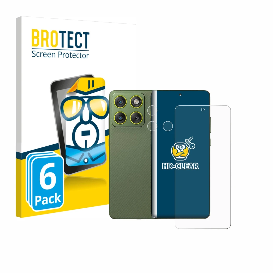 Parte frontale di una confezione del prodotto con il logo del marchio BROTECT. Accanto è raffigurato il dispositivo Motorola E