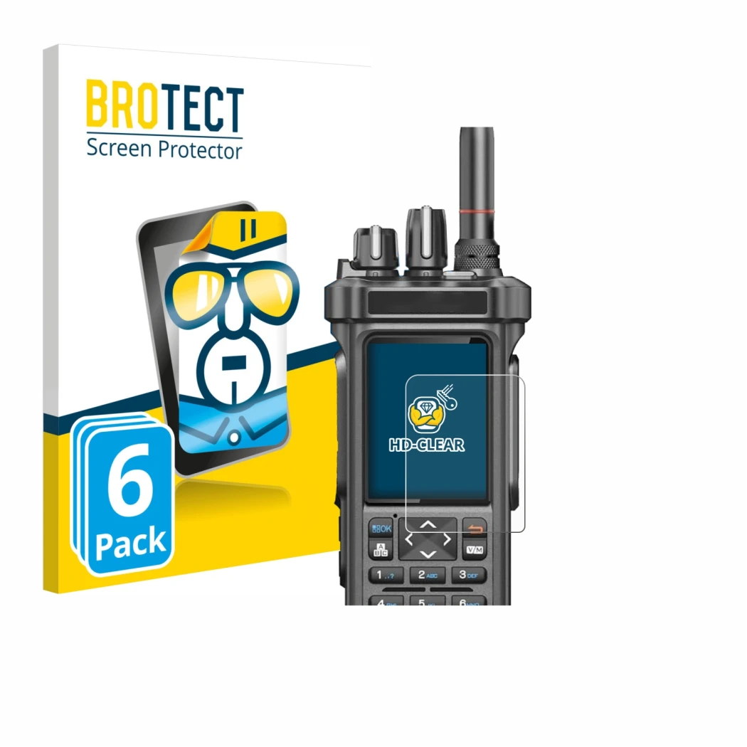 Parte frontale di una confezione del prodotto con il logo del marchio BROTECT. Accanto è raffigurato il dispositivo Radtel RT-