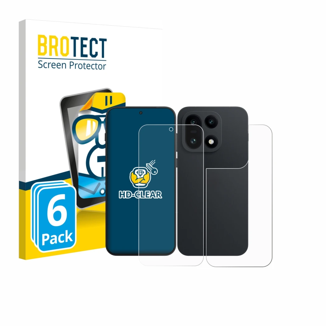 Parte frontale di una confezione del prodotto con il logo del marchio BROTECT. Accanto è raffigurato il dispositivo OnePlus 15