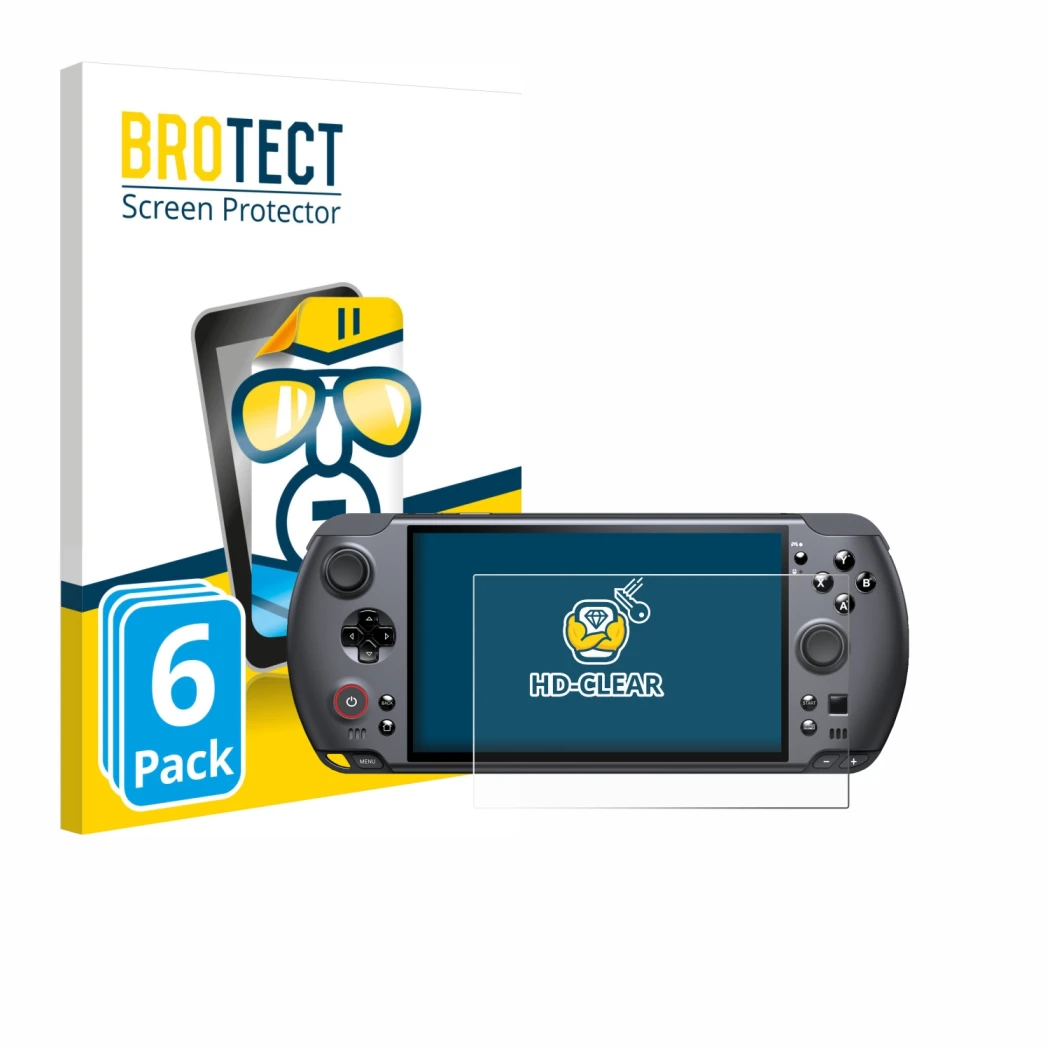 Parte frontale di una confezione del prodotto con il logo del marchio BROTECT. Accanto è raffigurato il dispositivo GPD Win 5 