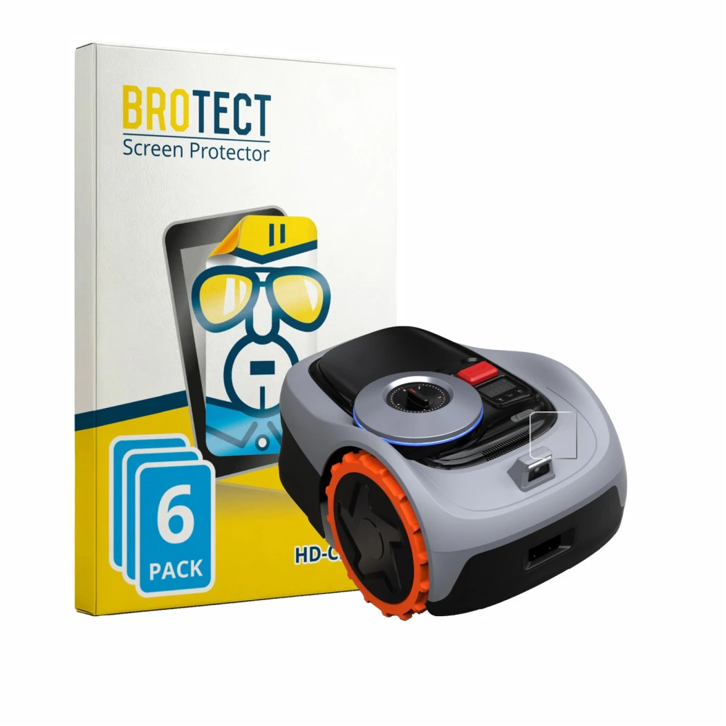 Parte frontale di una confezione del prodotto con il logo del marchio BROTECT. Accanto è raffigurato il dispositivo Navimow i1