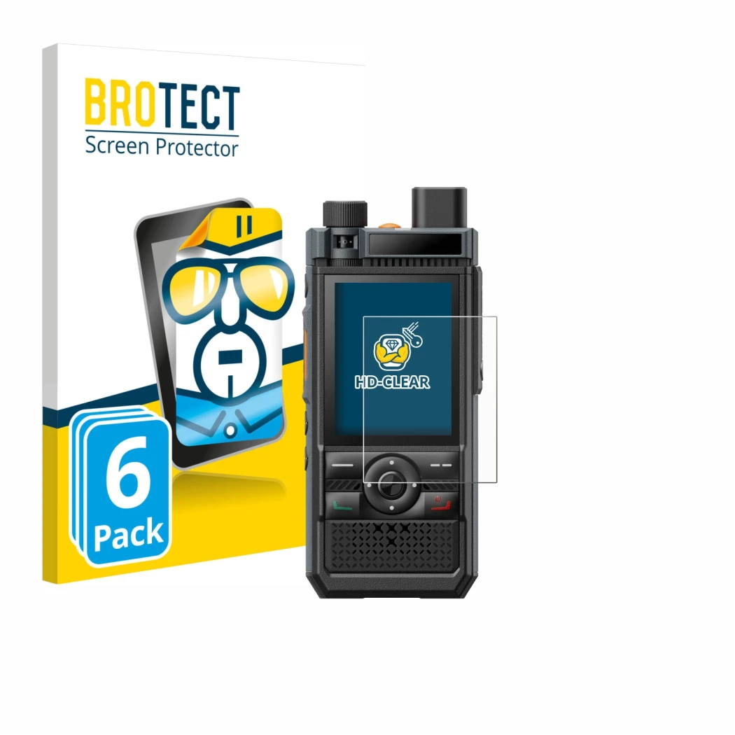 Parte frontale di una confezione del prodotto con il logo del marchio BROTECT. Accanto è raffigurato il dispositivo Hytera P50
