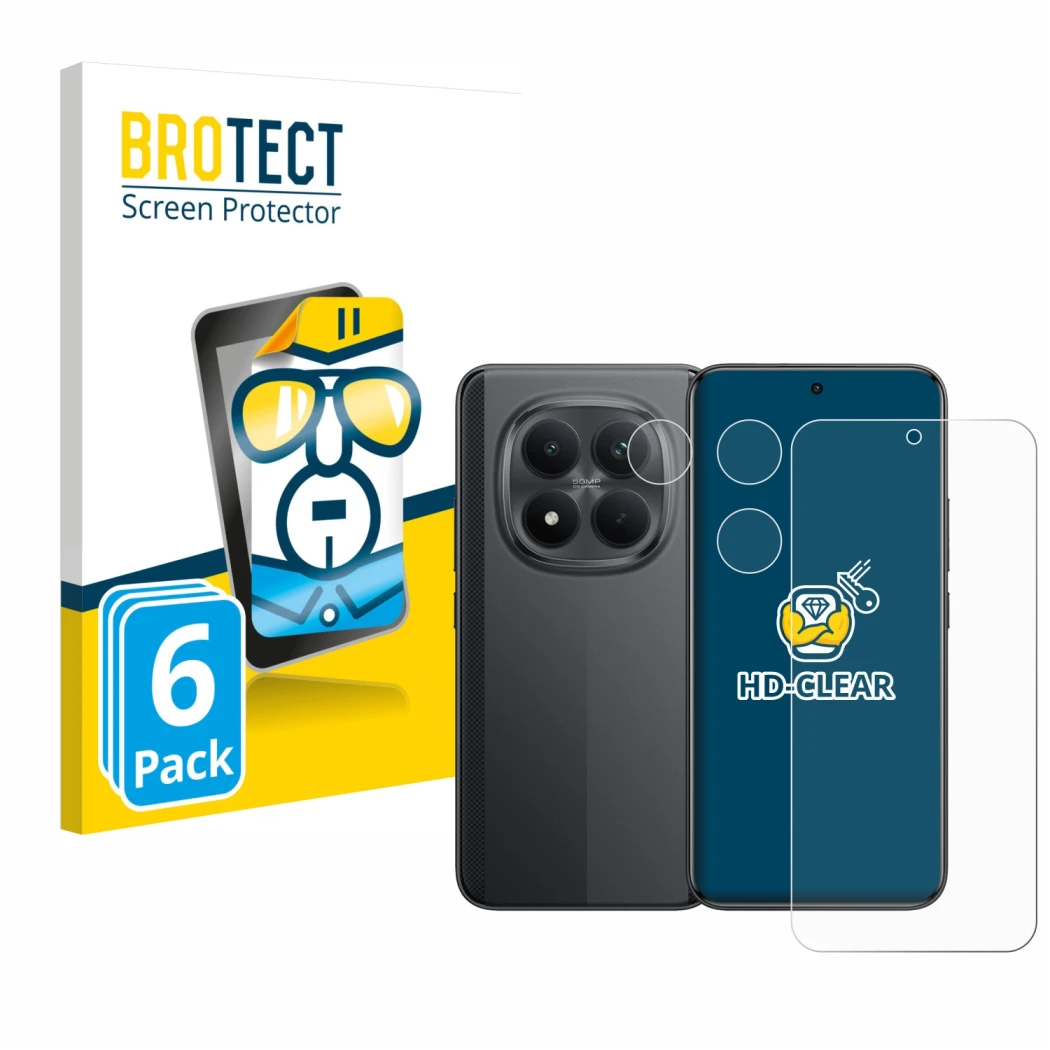 Parte frontale di una confezione del prodotto con il logo del marchio BROTECT. Accanto è raffigurato il dispositivo Xiaomi Poc