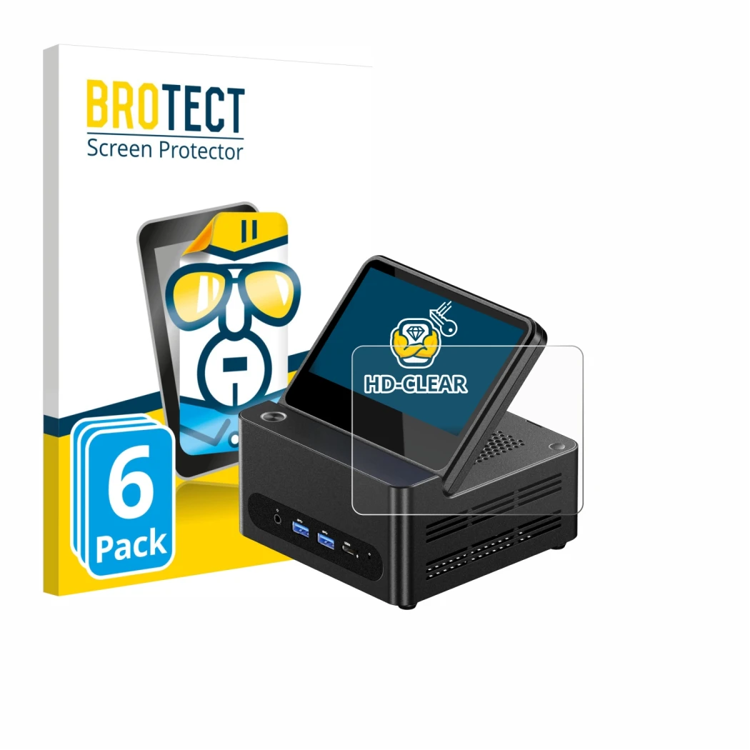 Parte frontale di una confezione del prodotto con il logo del marchio BROTECT. Accanto è raffigurato il dispositivo AOOSTAR ‎G