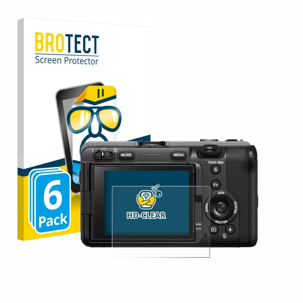 Parte frontale di una confezione del prodotto con il logo del marchio BROTECT. Accanto è raffigurato il dispositivo Sony FX3A