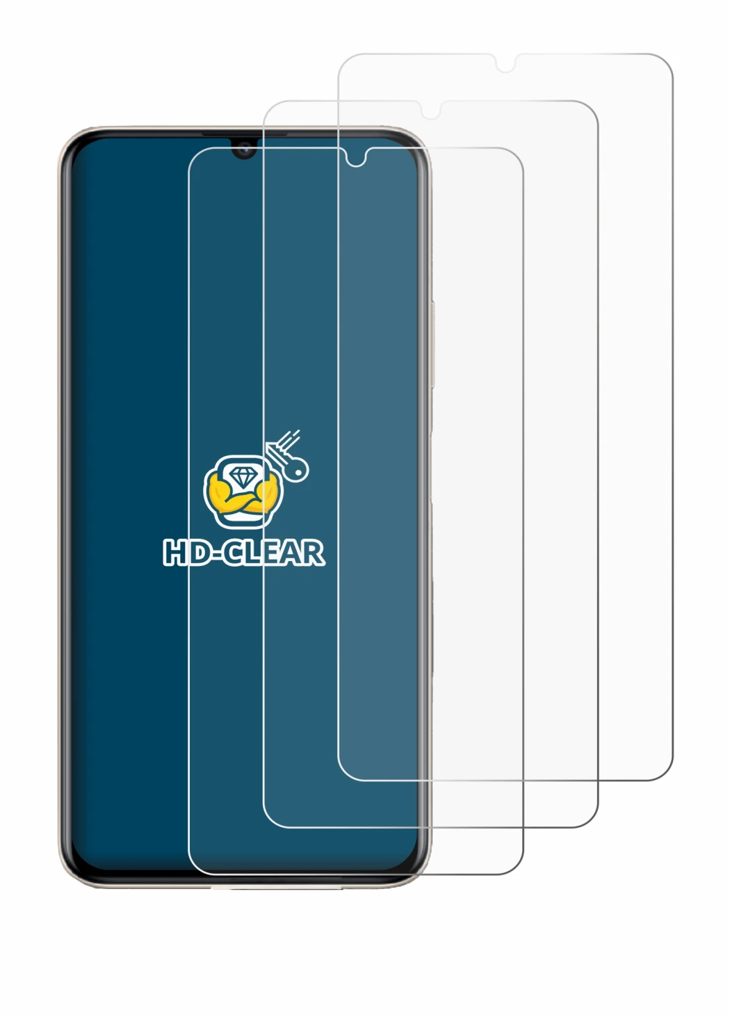 Immagine del dispositivo Huawei Nova Y71 con un'ampia varietà di protezioni per lo schermo.