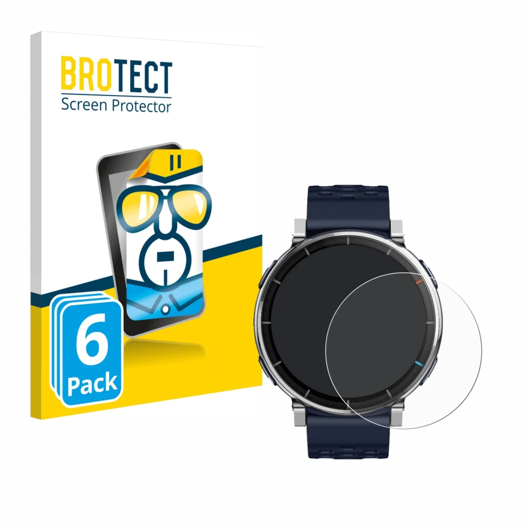 Parte frontale di una confezione del prodotto con il logo del marchio BROTECT. Accanto è raffigurato il dispositivo Amazfit Ac