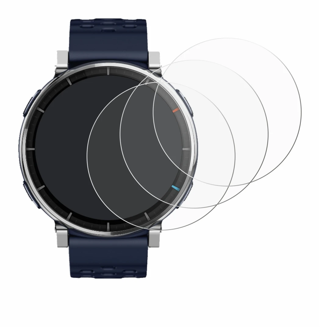 Immagine del dispositivo Amazfit Active 3 Premium con un'ampia varietà di protezioni per lo schermo.