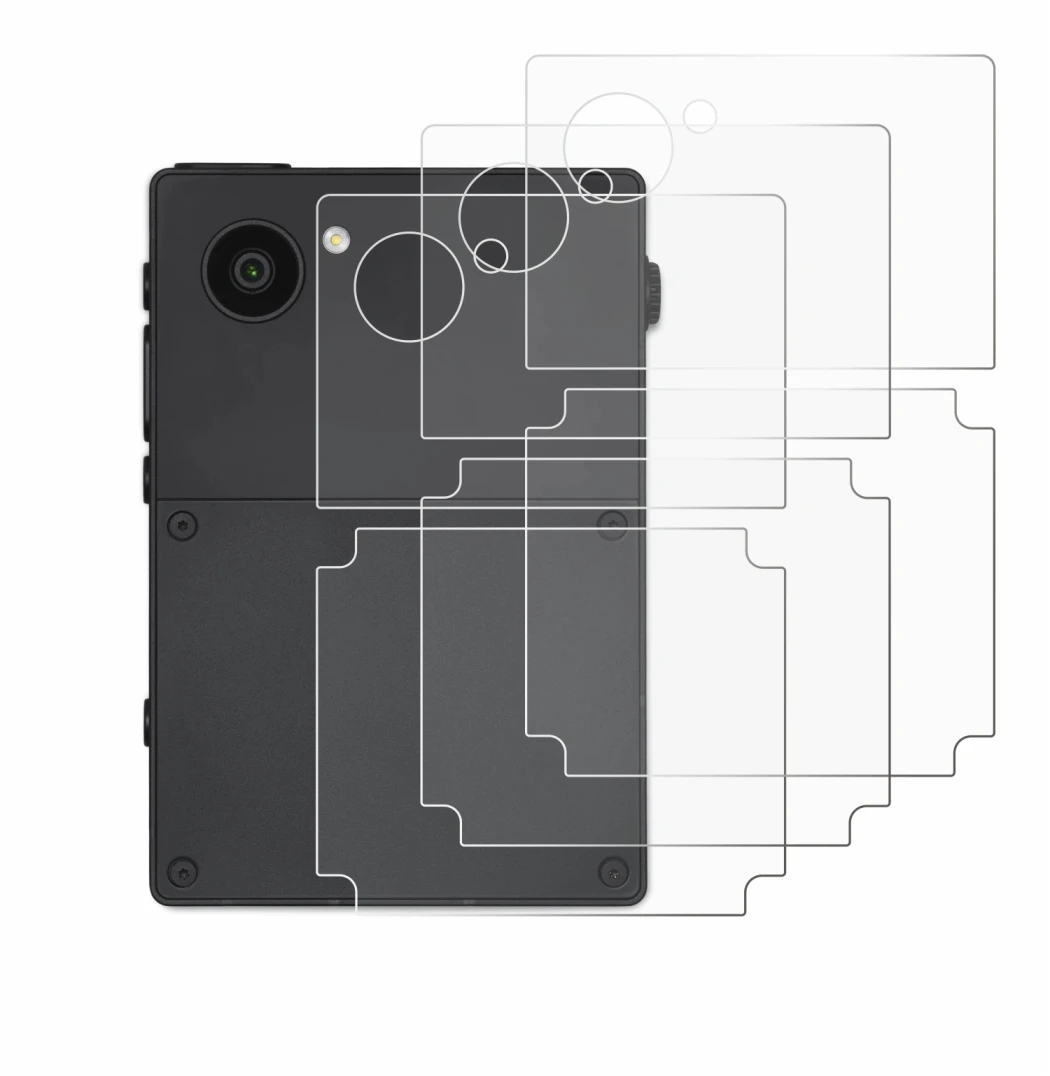 Immagine del dispositivo Light Phone 3 (Posteriore) con un'ampia varietà di protezioni per lo schermo.